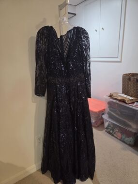 Blue Sequin Long Sleeve Evening Dress
